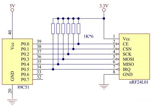nRF24L01无线模块原理图和与5V单片机的连接