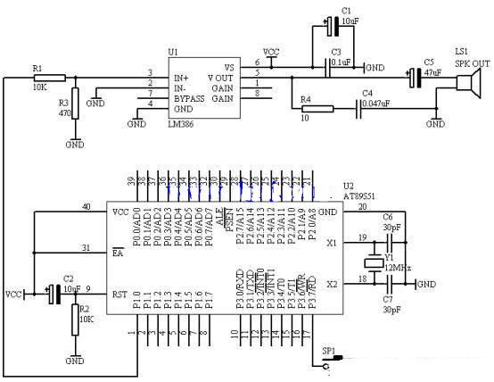 51单片机门铃电路原理图及C语言源程序