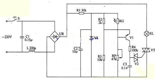 220V简易自动调光台灯电路图