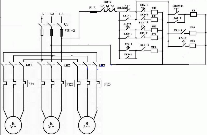 三台电机自动顺启逆停电路图