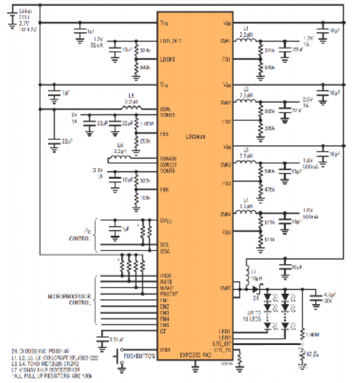 LTC3675 适用于要求用单节锂离子电池提供多个电源轨