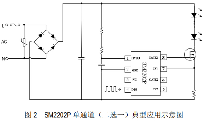 两段恒流DIM调光端口控制电源icSM2202P应用