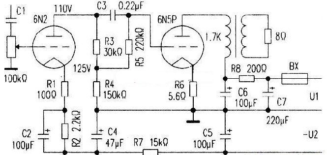 双电源供电的电子管功放电路