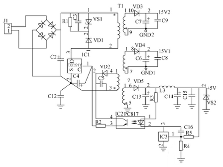 具有两组15V直流和一组5V开关电源电路设计图