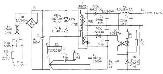 基于TOP224P的开关直流稳压电源电路图