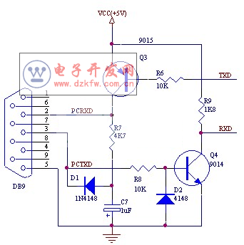 用廉价三极管代替MAX232芯片电路图