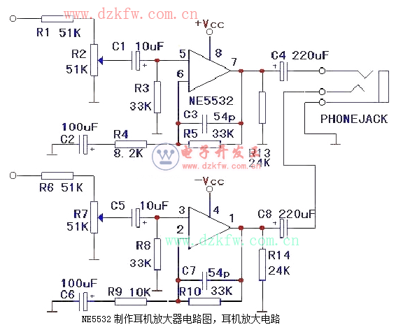 NE5532制作耳机放大器电路图，耳机放大电路