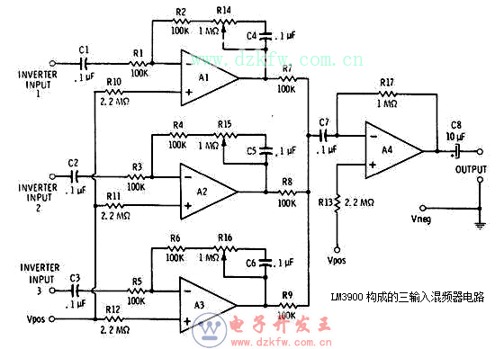 LM3900构成的三输入混频器电路