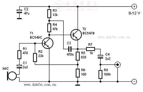 两个晶体管的麦克风前置放大器，增益200倍的三极管电路
