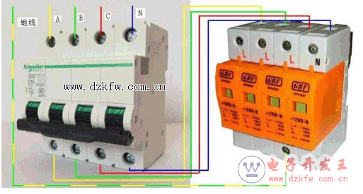 三相四线制漏电保护器和浪涌保护器实物接线图